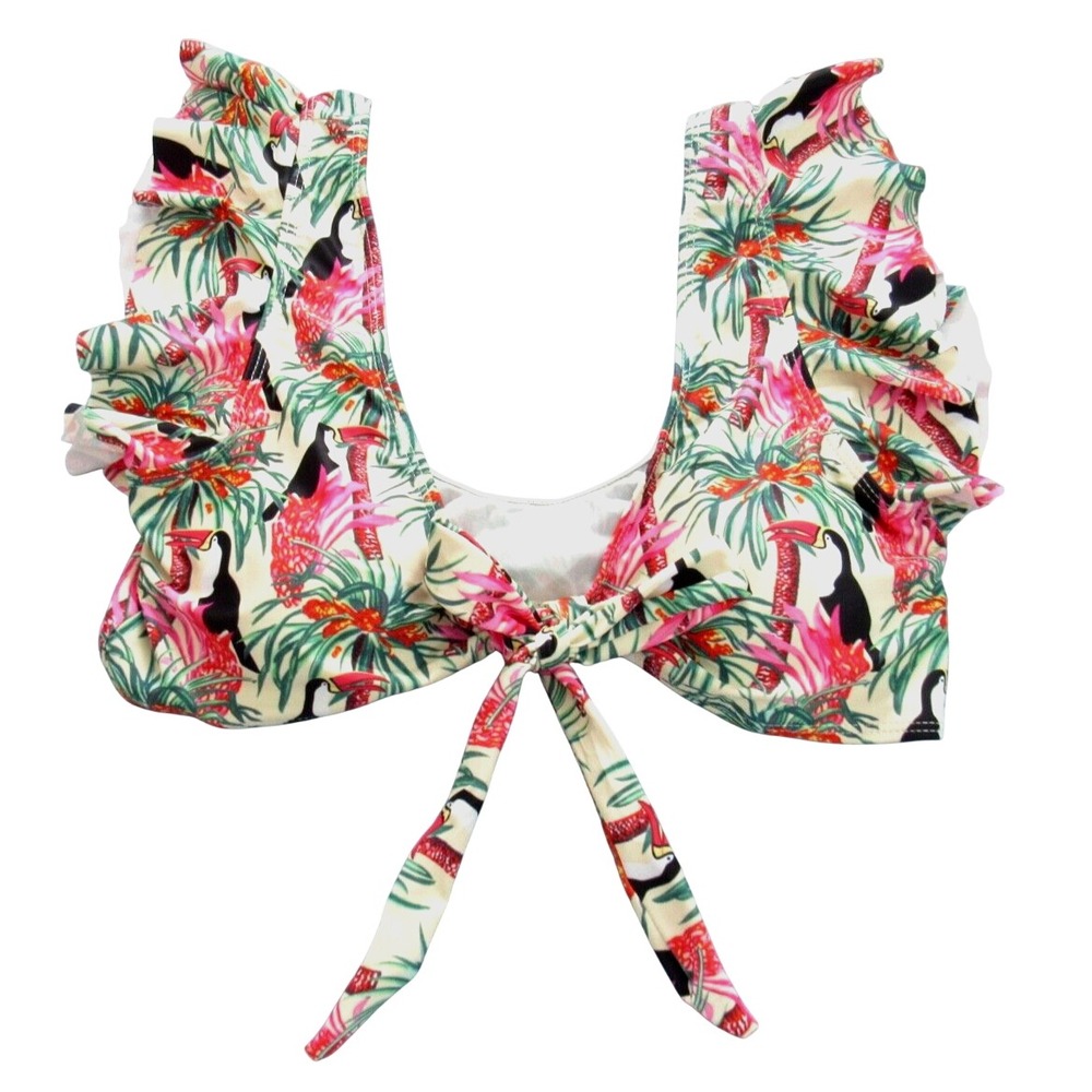 SPORLIKE Toucan Palm Trees COLORFUL Ruffled TIE FRONT Scoop SWIM BIKINI TOP XL